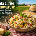 Insalata di riso alla novarese con salame, fontina e verdure di stagione: il pranzo estivo dei campi