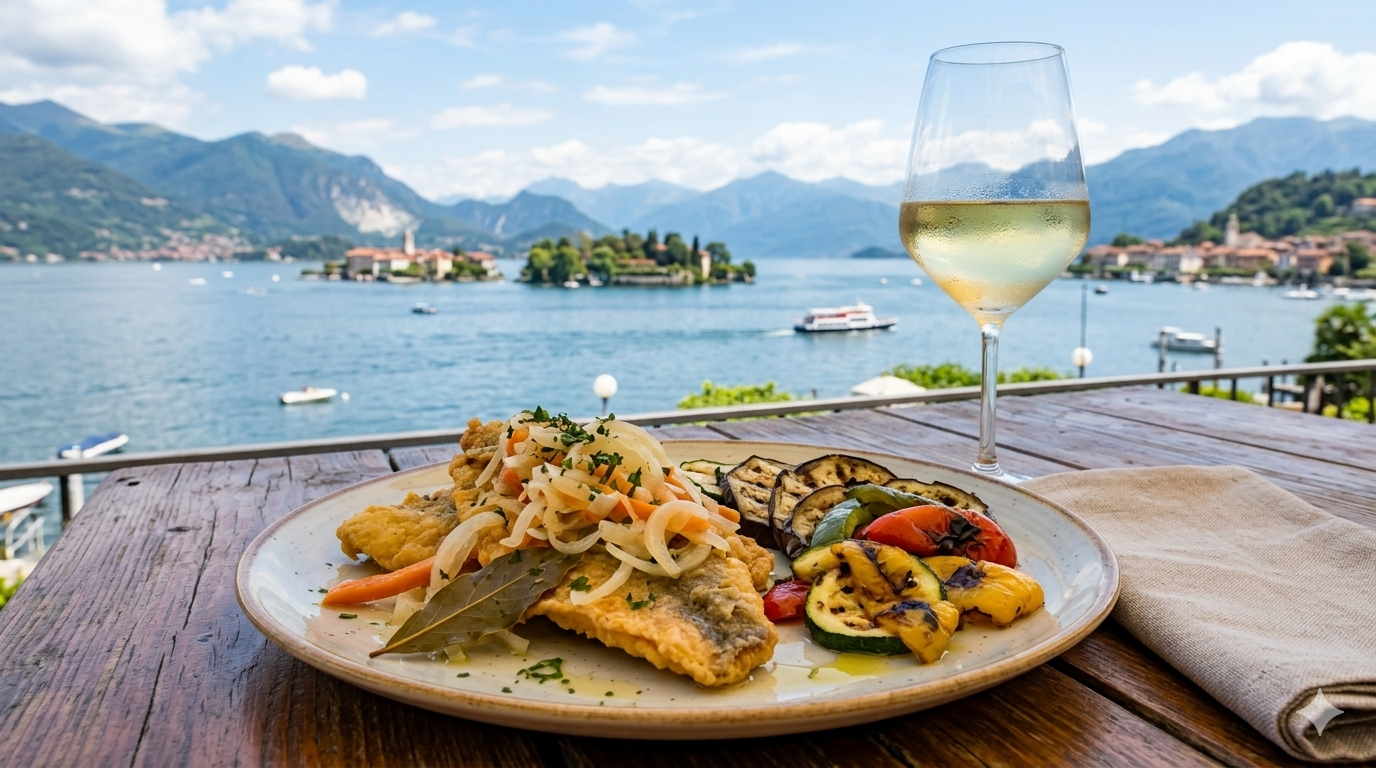 Pesce persico del Lago Maggiore in carpione con verdure grigliate