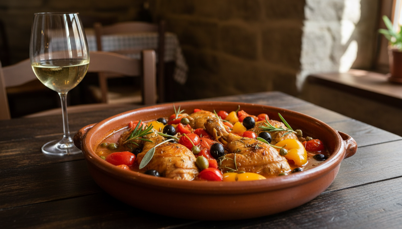 Pollo alla cacciatora con peperoni e vino bianco