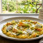 Risotto con fiori di zucca e ricotta fresca di capra: il primo piatto dell’orto di maggio