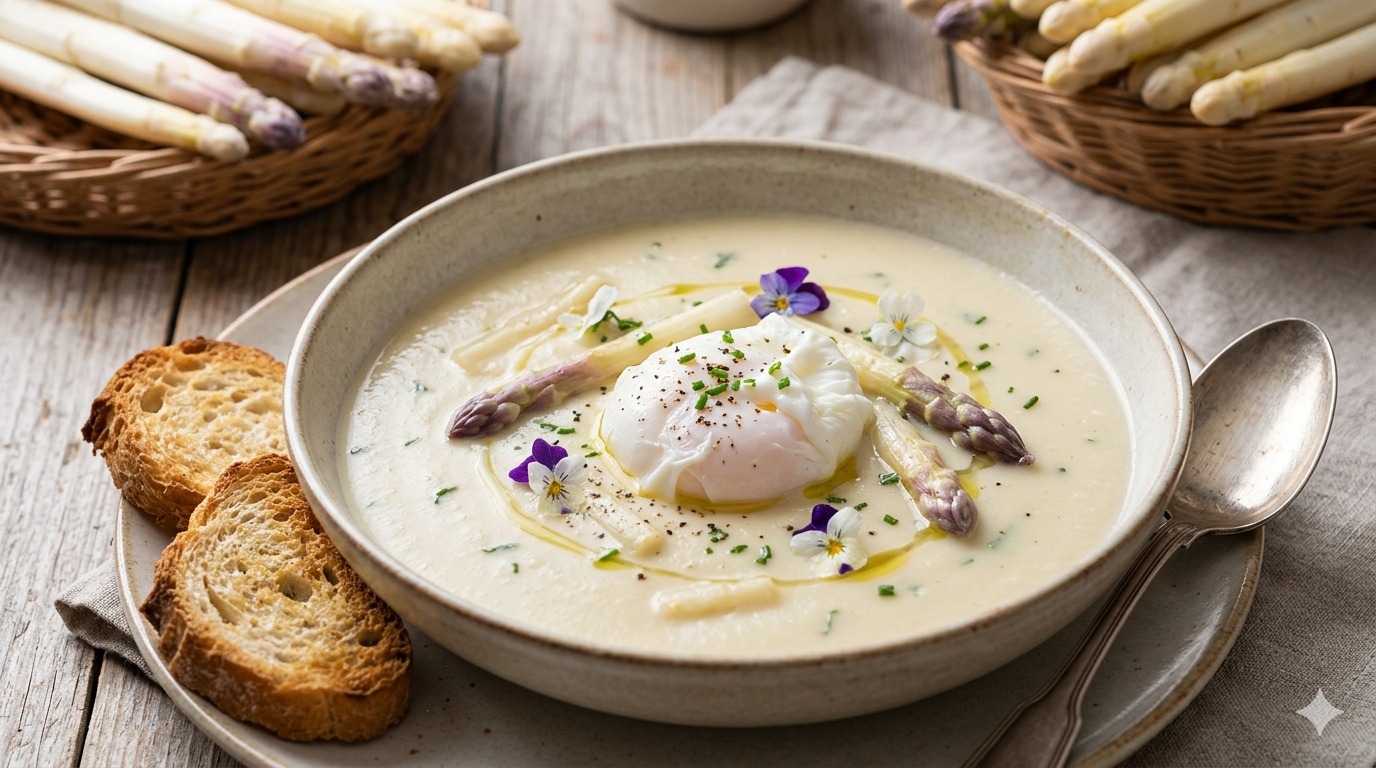 Zuppa di asparagi bianchi di Cilavegna con uovo in camicia